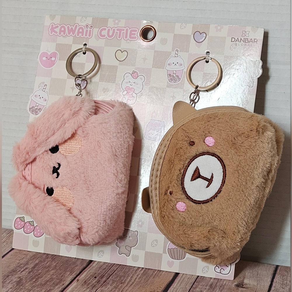 Kawaii Cutie Pink and Brown Plush Keychain Set NIP - Picture 3 of 10